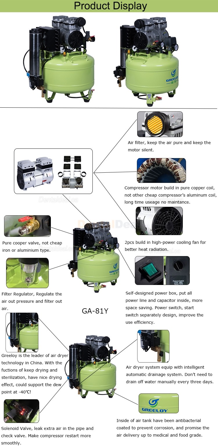 Greeloy&reg; GA-81Y 800W/1HP Silent Dental Oilless Air Compressor with Dryer